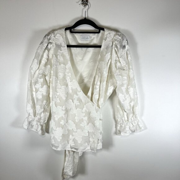 TANYA TAYLOR Top Womens 6 White Sleeveless Wrap Shirt Tie Embroidered Floral - Picture 1 of 9
